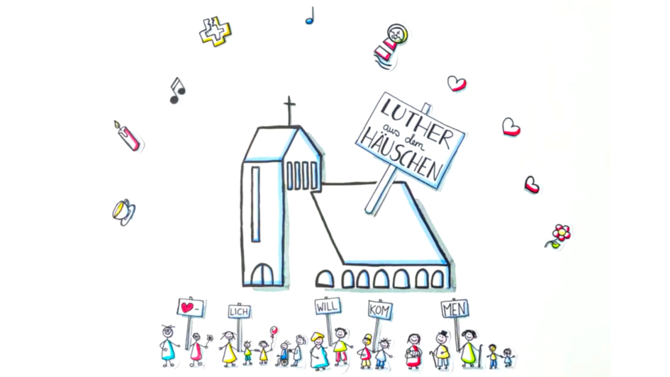 Filzstiftzeichnung auf weißem Grund: In der Mitte eine Kirche. Darüber Symbole: Herzen, Leuchtturm, Kerze, Tasse, Blume, Noten. Darunter Menschen mit Schilder: Herzlich Willkommen. Filzstiftzeichnung auf weißem Grund: In der Mitte eine Kirche. Darüber Symbole: Herzen, Leuchtturm, Kerze, Tasse, Blume, Noten. Darunter Menschen mit Schilder: Herzlich Willkommen.
