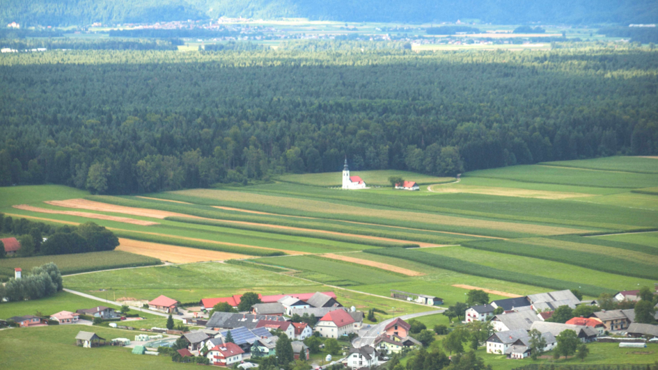 Einige Häuser inmitten von Feldern. Im Hintergrund befindet sich ein Wald. Zwischen den Häusern und dem Wald befindet sich eine Kirche zwischen den Feldern. Einige Häuser inmitten von Feldern. Im Hintergrund befindet sich ein Wald. Zwischen den Häusern und dem Wald befindet sich eine Kirche zwischen den Feldern.
