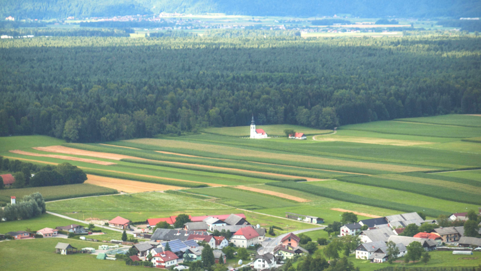 Einige Häuser inmitten von Feldern. Im Hintergrund befindet sich ein Wald. Zwischen den Häusern und dem Wald befindet sich eine Kirche zwischen den Feldern.