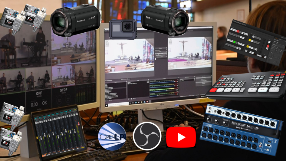 Zwei Bildschirme mit unterschiedlichen Kameraperspektiven während eines Stremas. Darübergelegte Sticker von Streaming-Equipment. Zwei Bildschirme mit unterschiedlichen Kameraperspektiven während eines Stremas. Darübergelegte Sticker von Streaming-Equipment.