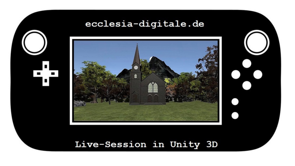 Stilisierte mobile Konsole mit 3D-Animation einer Kirche