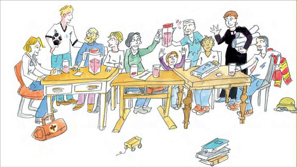 Zeichnung Menschen an einem großen Tisch (Ausschnitt aus Flyer)