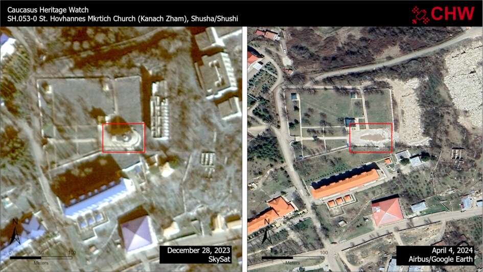 Luftaufnahmen der Kirche 'Johannes der Täufer' vor und nach der Zestörung in Shush (Arzach)