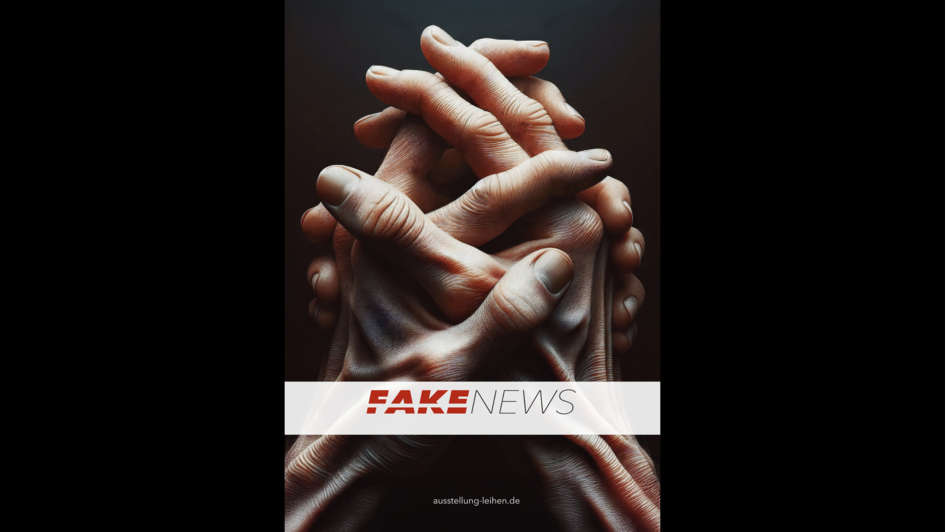 Zwei überdimensionale, realistisch gezeichnete Hände greifen ineinander – eine visuelle Metapher für Verstrickung, Täuschung und Manipulation. Im Vordergrund steht der Schriftzug FAKE NEWS. Titelmotiv der Ausstellung „Fake oder Wahrheit?“
