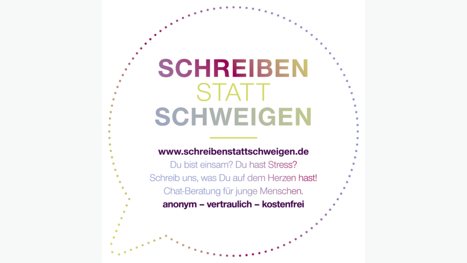 Gezeichnete Sprechblase. Darauf Text: Schreiben statt schweigen. Gezeichnete Sprechblase. Darauf Text: Schreiben statt schweigen.