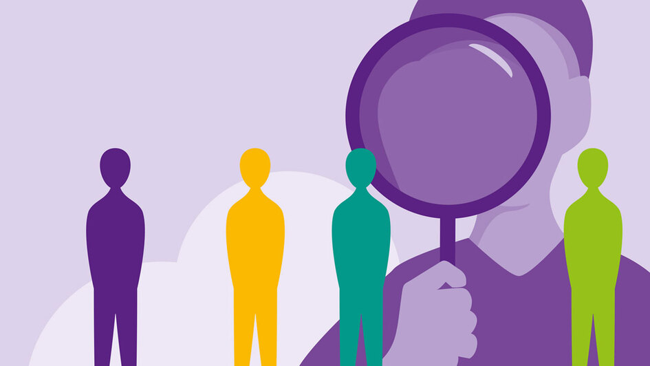 Wie ticken Evangelische? Headergrafik der Veröffentlichung - Person mit Lupe schaut auf andere Personen