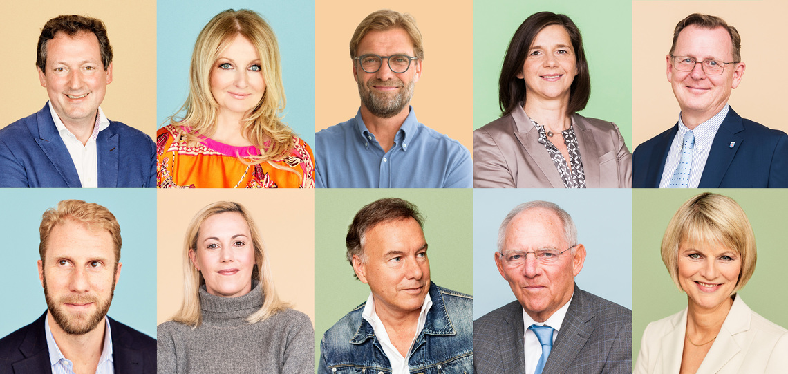Reformations Botschafter Eckart von Hirschhausen, Frauke Ludowig, Jürgen Klopp, Katrin Göring-Eckardt, Bodo Ramelow (oben v.l.) Christopher Posch, Bettina Wulff, Nico Hofmann, Wolfgang Schäuble, Gundula Gause.