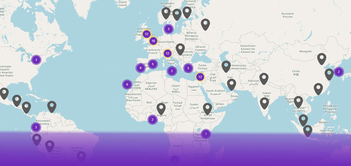 Weltkarte die Standorte der Auslandsgemeinden der EKD zeigen