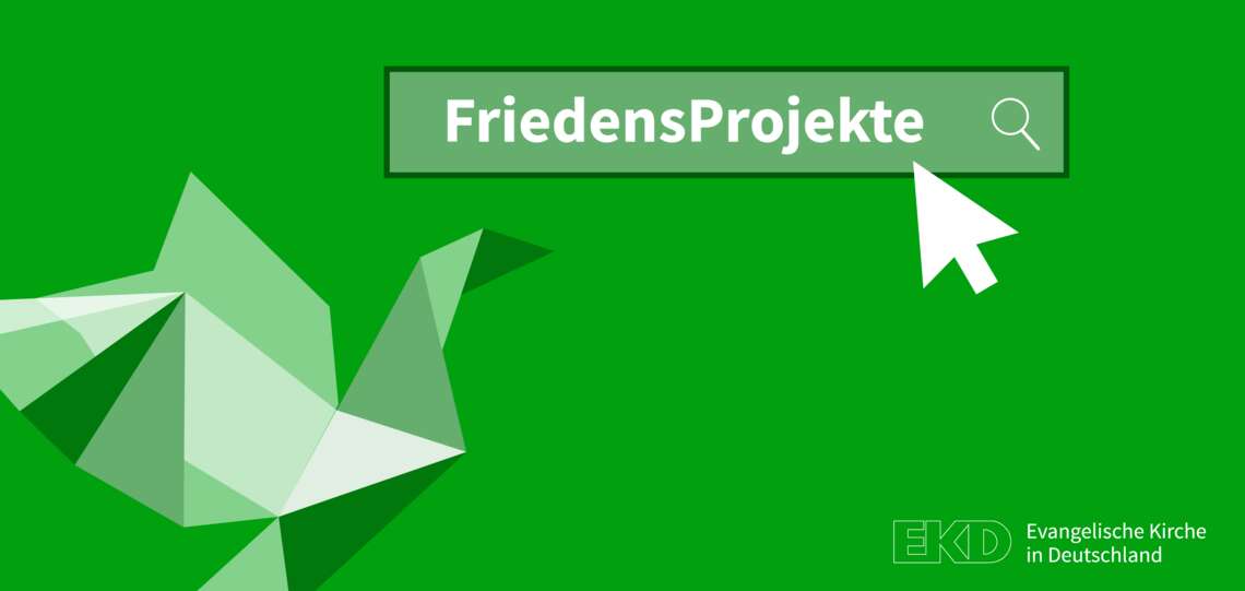Grüne Friedenstaube und Schriftzug „FriedensProjekte“ Grüne Friedenstaube und Schriftzug „FriedensProjekte“