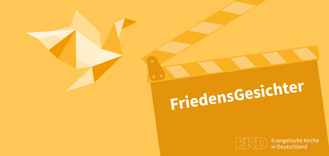 Gelbe Friedenstaube und Schriftzug „Friedensgesichter“ Gelbe Friedenstaube und Schriftzug „Friedensgesichter“