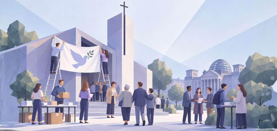 Menschen starten vor einer Kirche gemeinsam eine Aktion für Demokratie und Menschenwürde und tragen Schilder mit Symbolen für Frieden und Zusammenhalt.