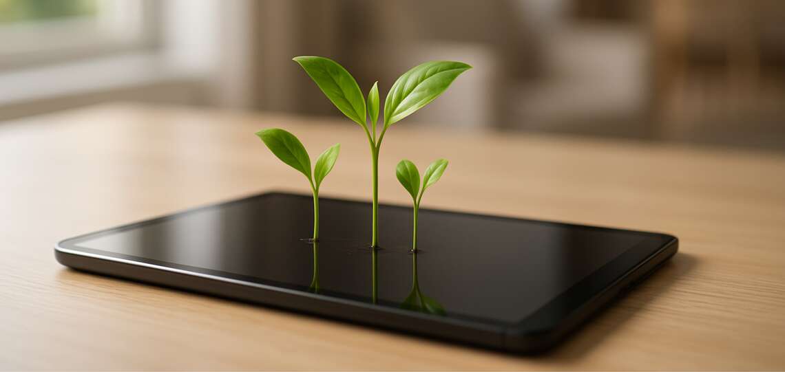 Digitale Pflänzchen wachsen aus einem Tablet