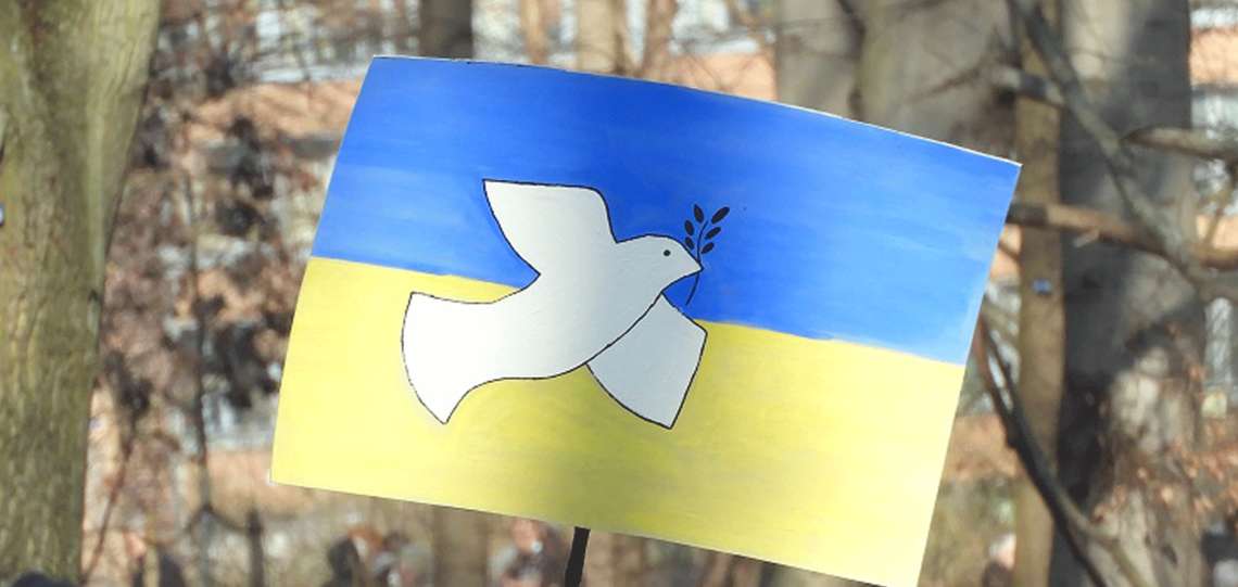 Ukraine-Flagge mit Friedenstaube. Sie hält einen Friedenszweig im Schnabel - Impression der Friedens-Demonstration in Berlin am 27. Februar 2022