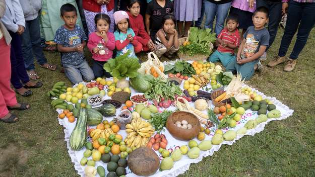 Eltern und Kinder präsentieren ihre reichen Ernteerträge.