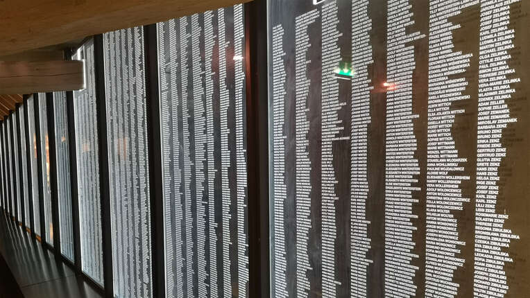 Romani Rose erläutert den Teilnehmern die Ausstellung
