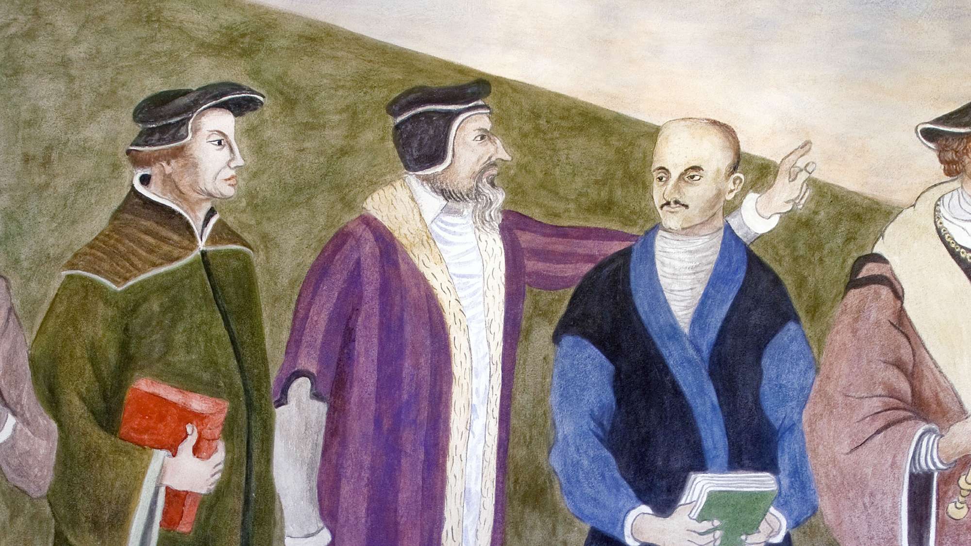 Die Reformatoren Ulrich Zwingli und Johannes Calvin und der spanische Ordensgründer Ignatius von Loyola (v.l.n.r.) auf dem Wandgemälde 'Versöhnte Einheit' in der Dorfkirche Alt-Staaken (Berlin-Spandau).