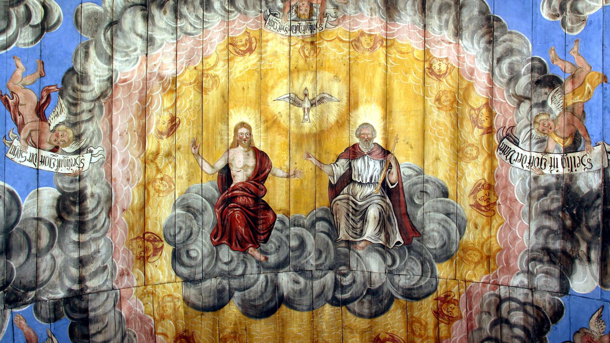 Deckenmalerei (Vater, Sohn und heiliger Geist) in der Kirche Großkochberg bei Weimar, Thüringen