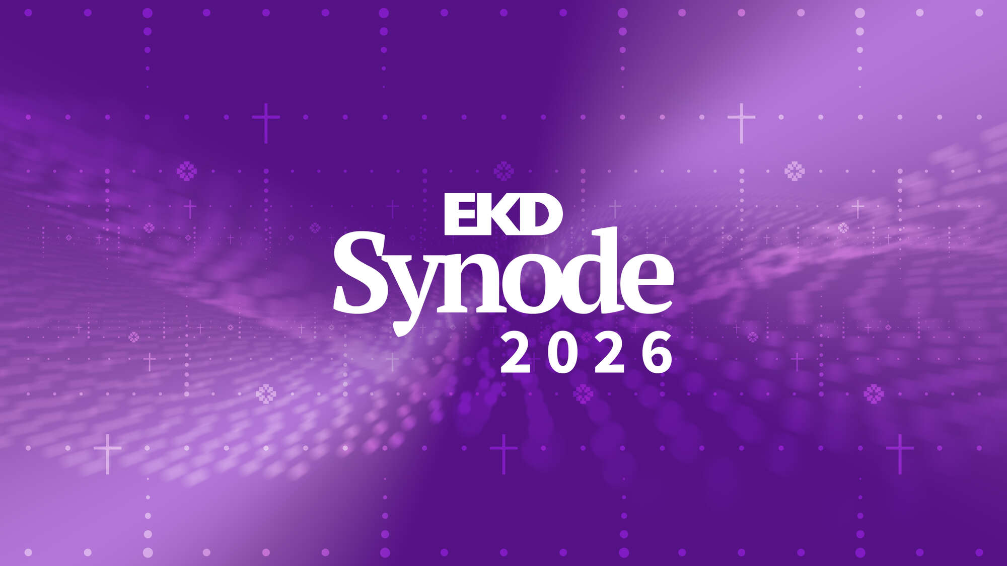 Grafik zur EKD-Synode 2026 mit weißem Schriftzug auf violettem, abstraktem Hintergrund.