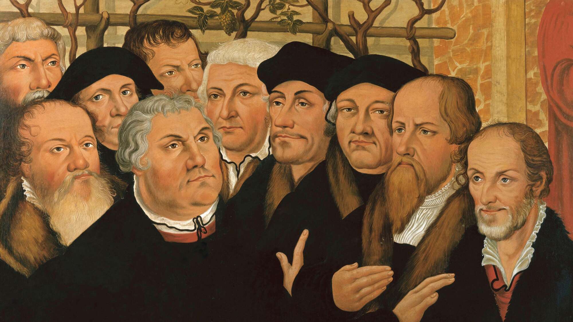 Kopie nach dem Meienburgischen Epitaph von Lucas Cranach zeigt eine Reihe von Reformatoren