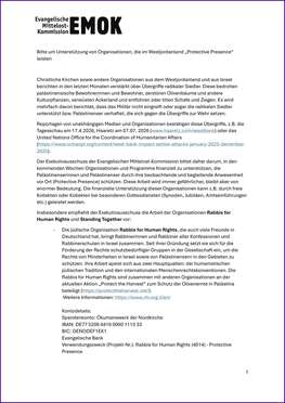 Cover des Kollektenaufrufs der Evangelischen Mittelost-Kommission zur Unterstützung von Organisationen, die im Westjordanland „Protective Presence“ leisten.