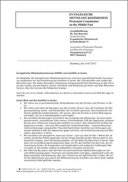 Erste Seite der Stellungnahme der Evangelischen Mittelostkommission zum Konflikt in Syrien vom 18. Juli 2012.