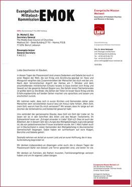 Titelseite eines Schreibens der Evangelischen Mittelost-Kommission und der Evangelischen Mission Weltweit mit der Anrede „Liebe Geschwister im Glauben“.