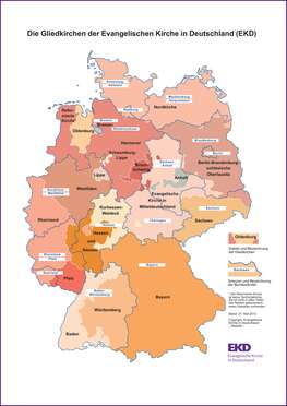 Karte von Deutschland mit den Gebieten und Bezeichnungen der Gliedkirchen der Evangelischen Kirche in Deutschland sowie den Grenzen und Namen der Bundesländer.