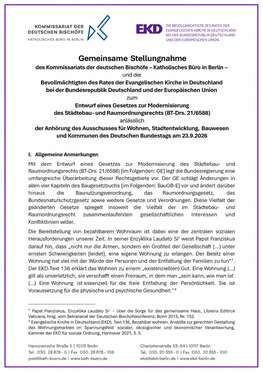 Titelseite der gemeinsamen Stellungnahme von EKD und Katholischem Büro zur Modernisierung des Städtebau- und Raumordnungsrechts.