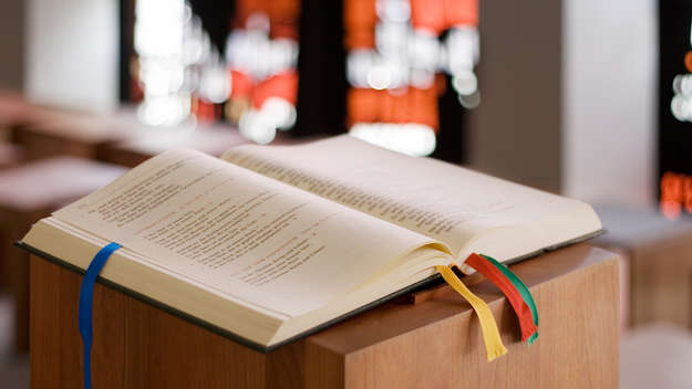 Bible on a lectern in a church.