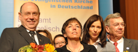 Nach der Wahl: vl.n.r. Nikolaus Schneider, Margot Käßmann, Katrin Göring-Eckardt